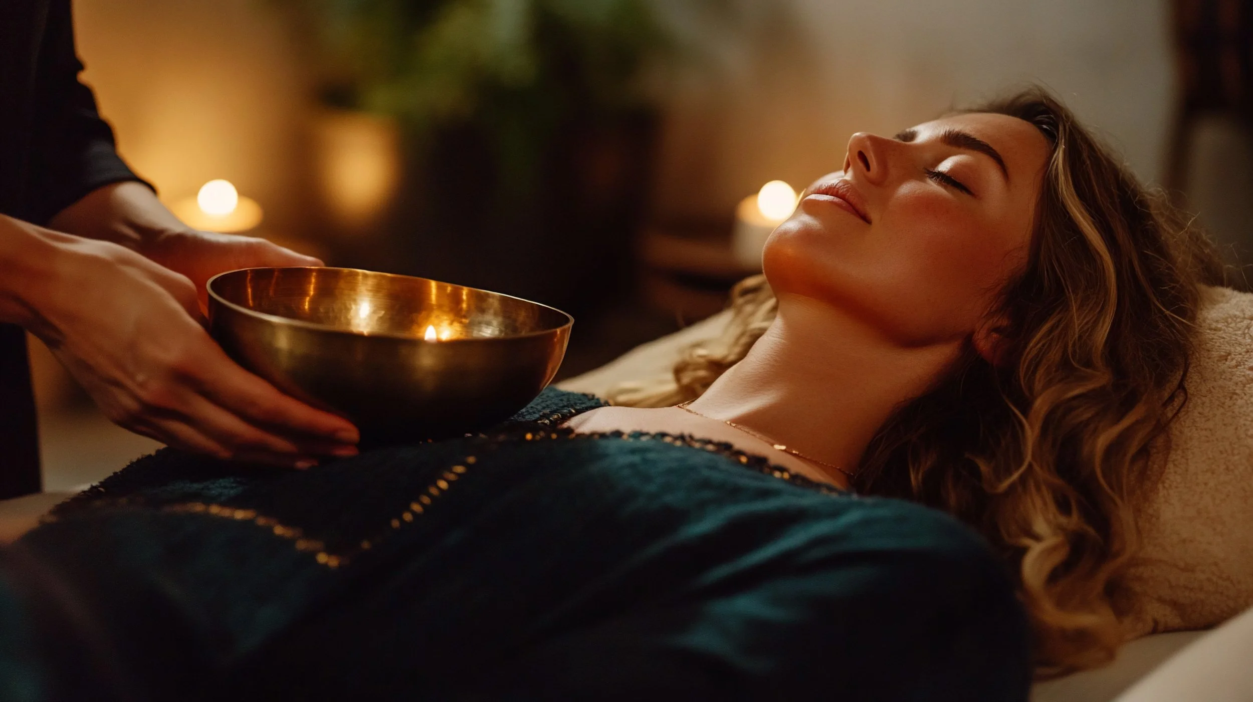 A woman lying on her back with eyes closed receiving a sound healing treatment with a Tibetan singing bowl.