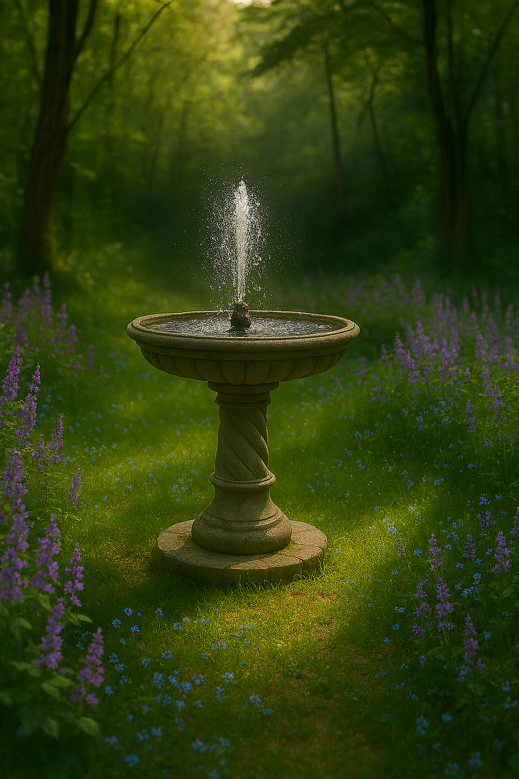 A stone fountain with a water spray in a lush green garden with purple and blue flowers.
