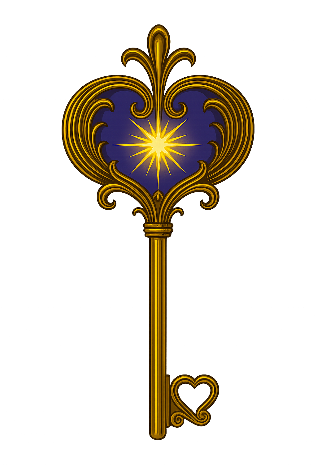 An ornate golden key with a blue heart-shaped head featuring a bright, radiant starburst in the center.