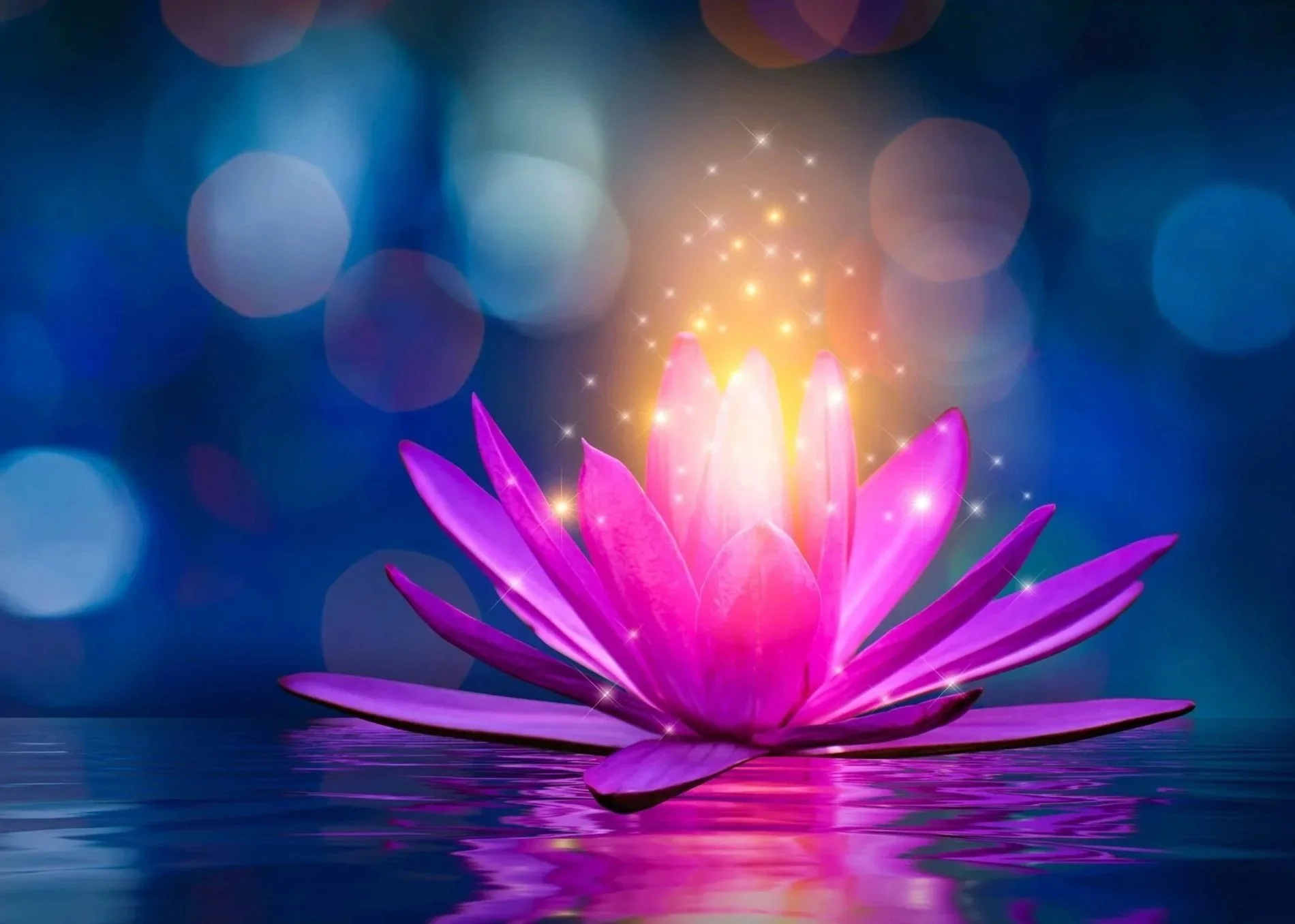 A glowing pink lotus flower floating on water with sparkling light effects and blurred colorful background.