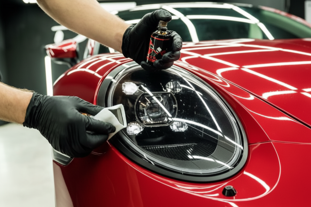 Person cleaning the headlight of a red sports car with black gloves, using a cloth and spray cleaner inside a brightly lit workshop.