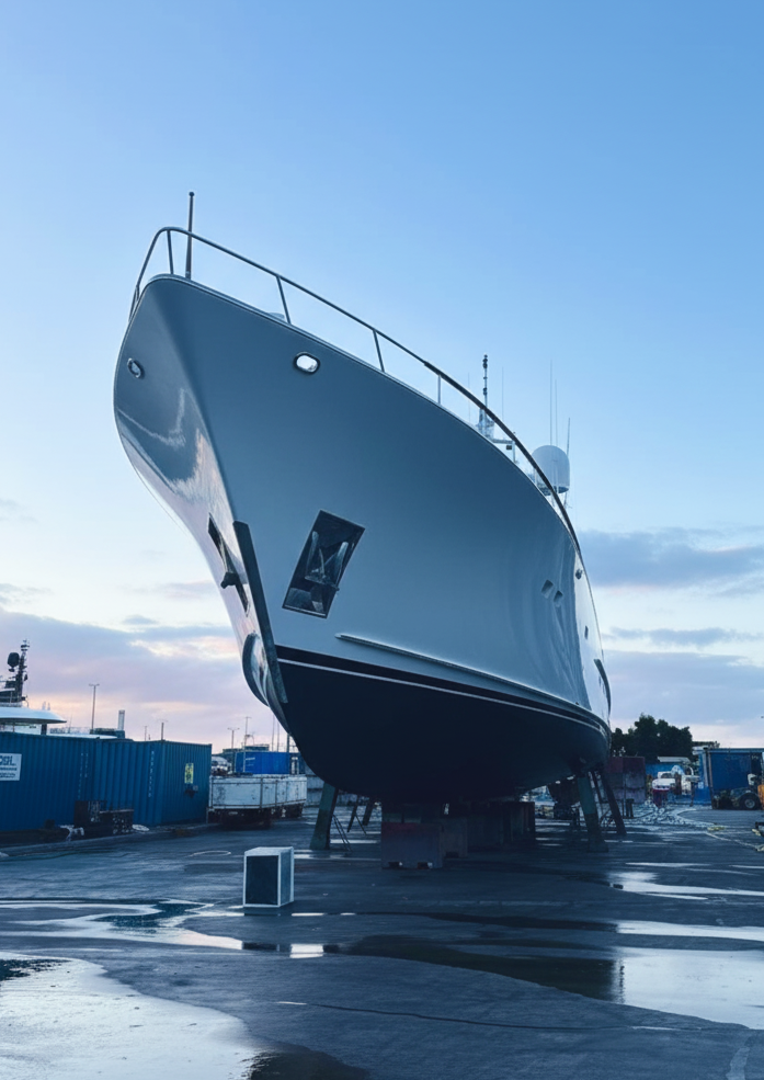 A large white yacht on land in a boatyard, supported by blocks, with a clear blue sky overhead.