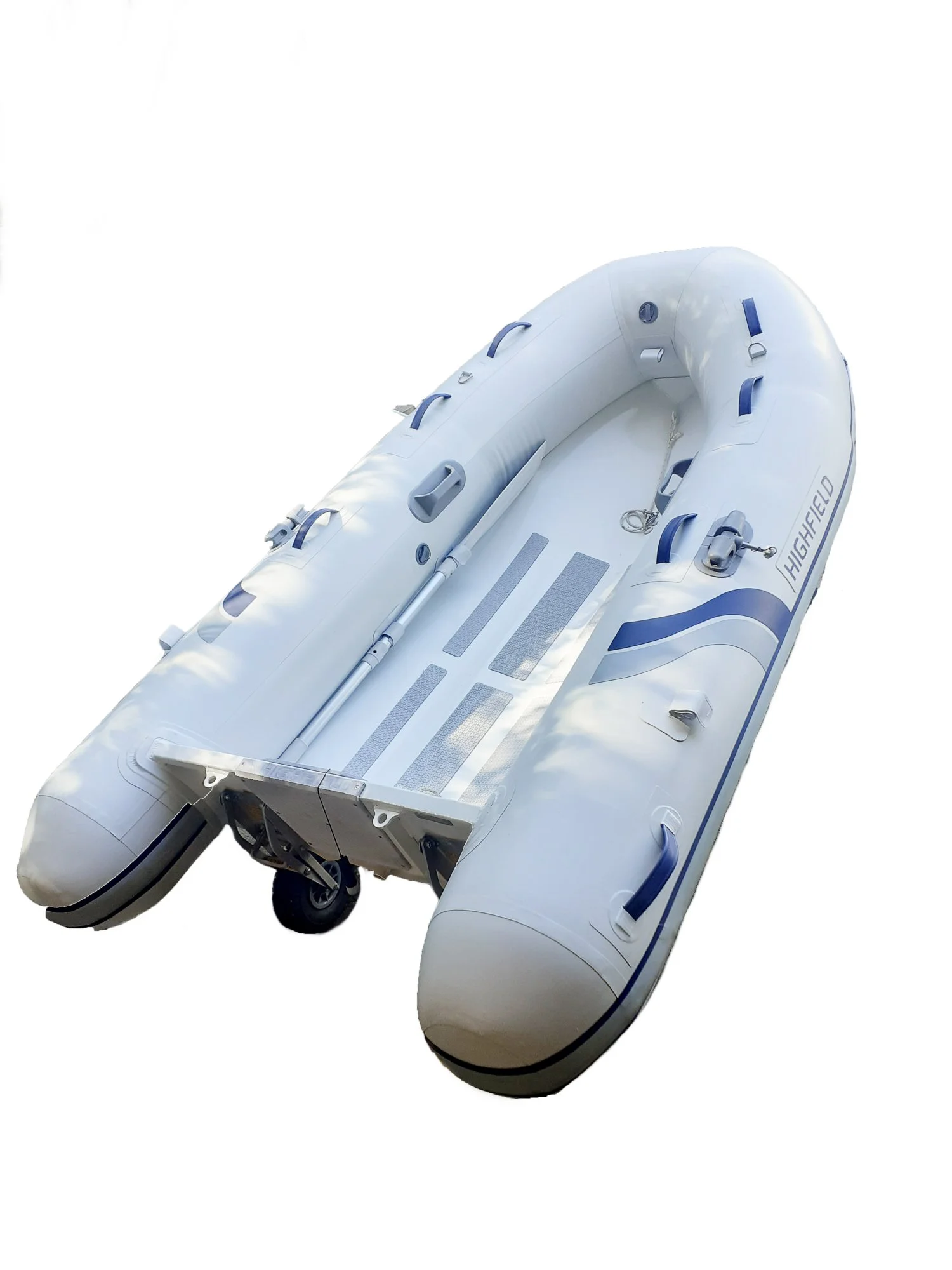 Inflatable boat with blue and white design, labeled 'Highfield' and equipped with handles, ropes, and a wheel on a white background.