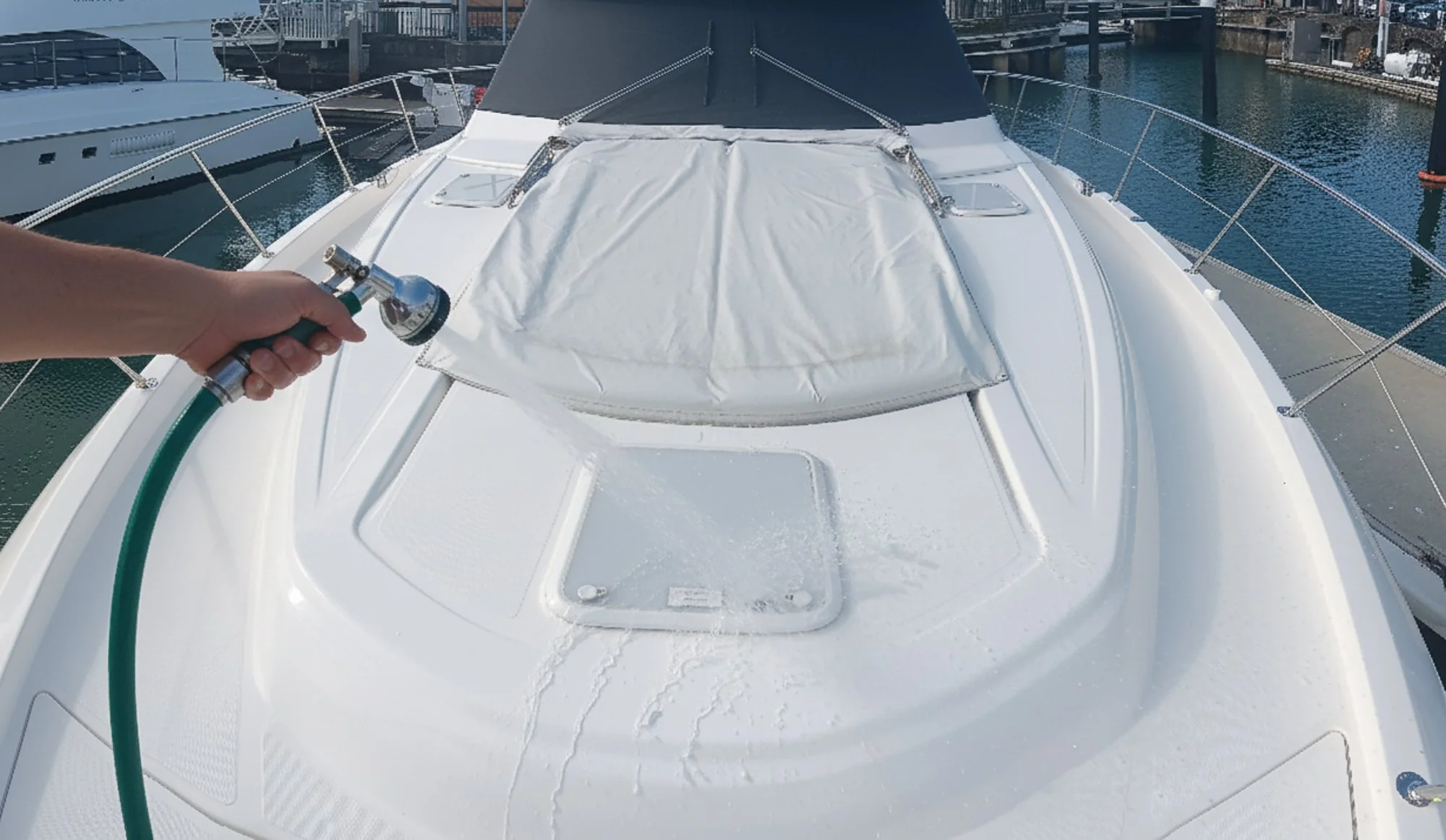 Person holding a hose spraying water on the deck of a white boat docked in a marina with other boats and water in the background.
