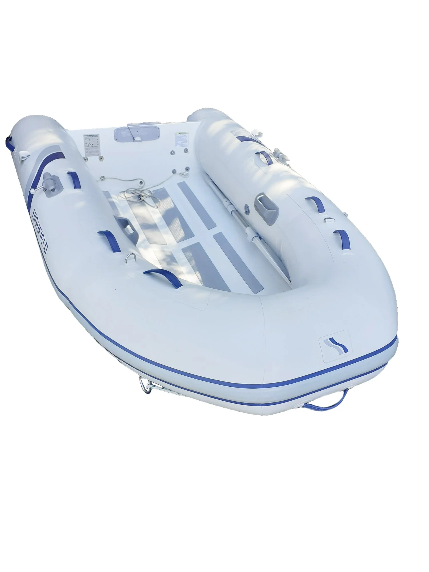 Inflatable boat with blue accents and seating inside, branded with 'Highfield'.