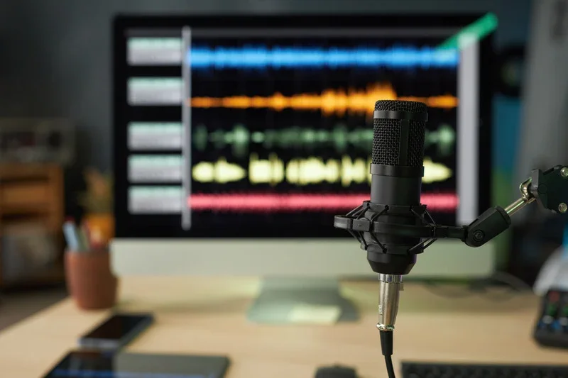 Studio microphone in front of colorful audio waveforms for a podcast guest page about emotional clutter, relationships, and real-life conversations.