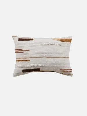 A rectangular decorative pillow with a woven striped pattern in neutral tones like beige, brown, and gray.