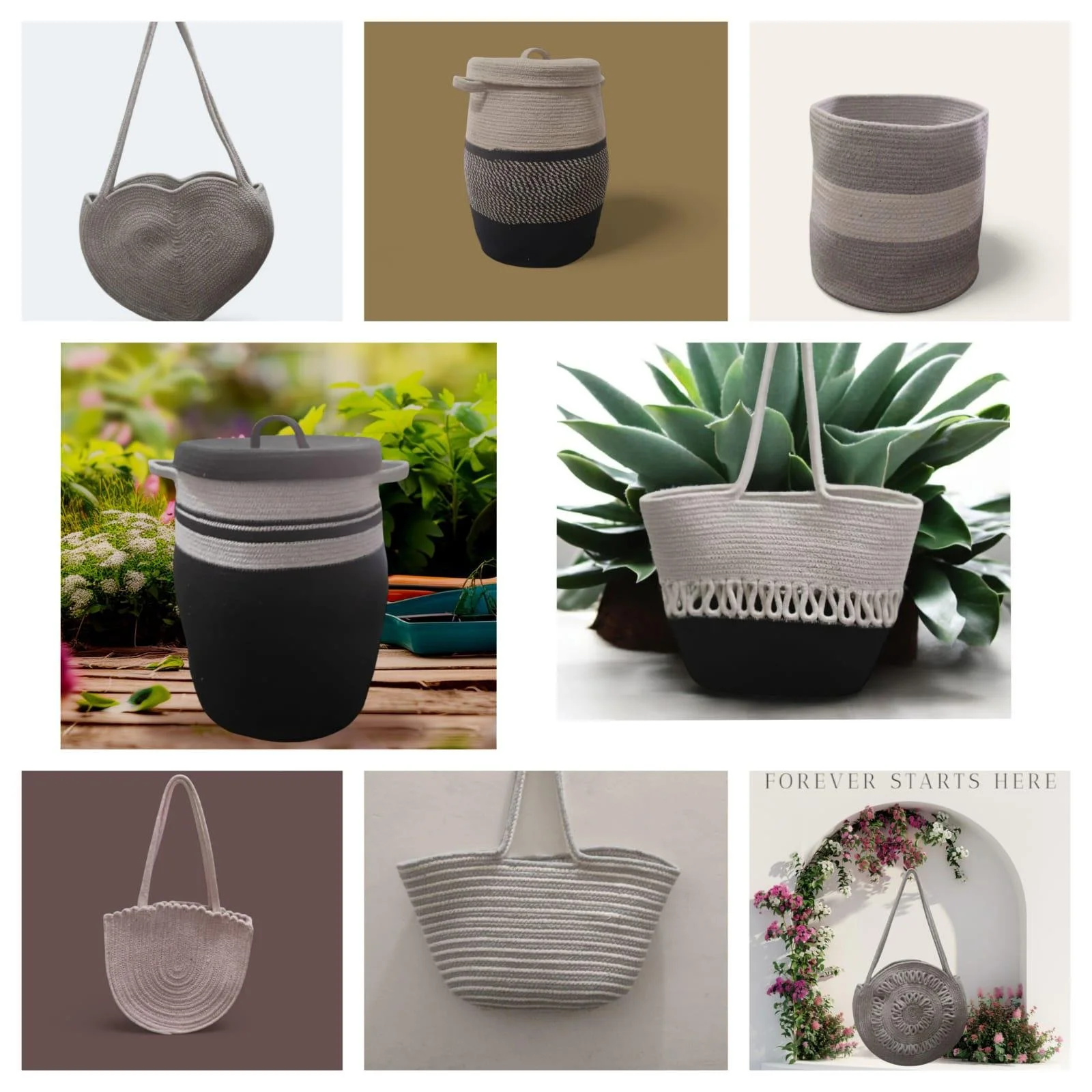 Collage of various woven bags and planters in neutral tones, including a heart-shaped bag, striped and solid-colored pots, a large vase with a lid, a rectangular tote, and a circular bag with floral background.
