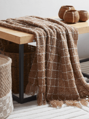 A woolen blanket draped over the edge of a wooden table, with woven baskets and a wicker basket nearby.