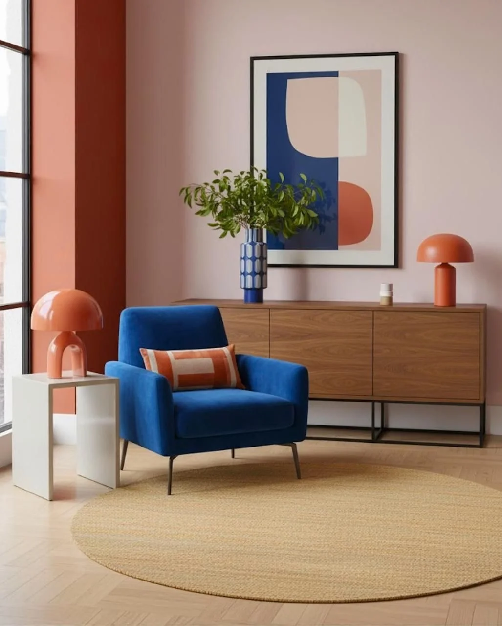 Interior of a modern living room with a blue armchair, a round beige rug, two table lamps with pinkish-orange shades, a wooden sideboard with a large abstract artwork, a plant in a blue vase, and a window with sunlight.
