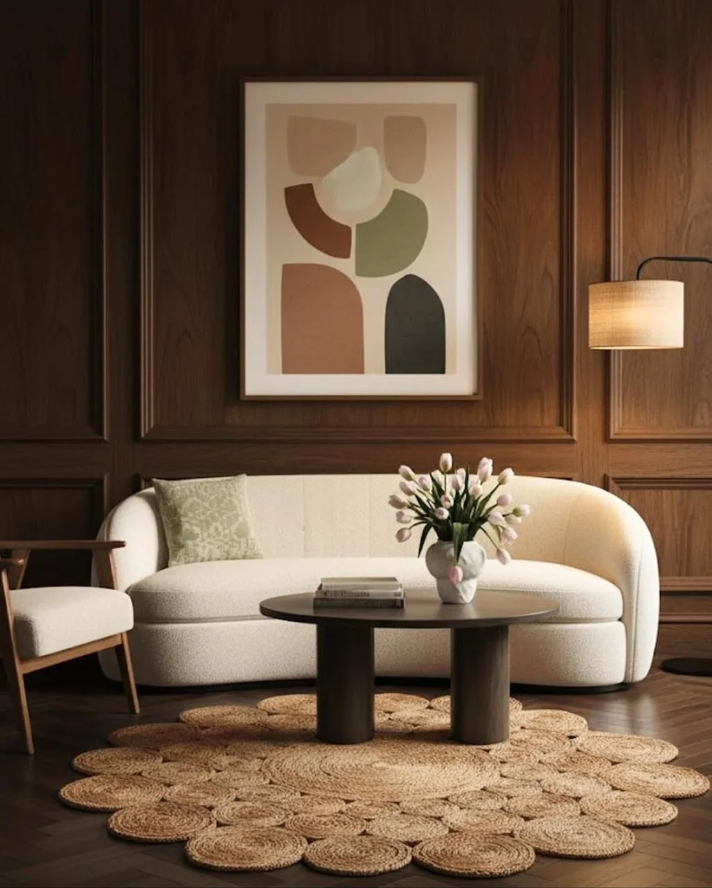Cozy living room with a white sofa, a round wooden coffee table with books and a vase of pink tulips, a large abstract framed artwork, a beige rug with circular patterns, wooden paneled walls, a green-patterned pillow, and a wall-mounted lamp.