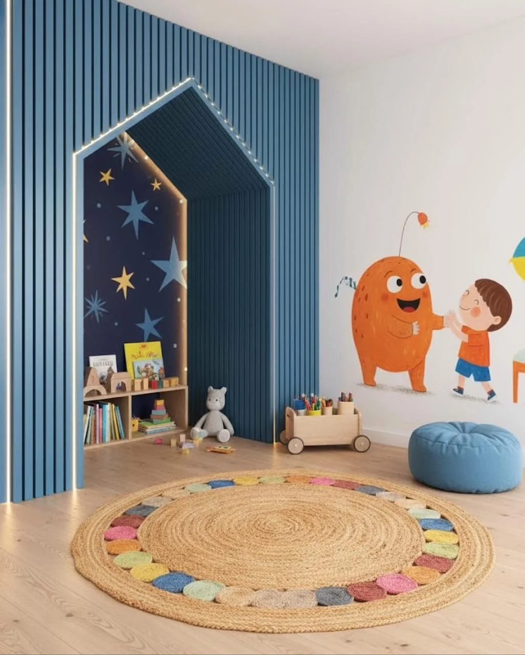 Colorful children’s playroom with a circular rug, bookshelves, stuffed animal, and cartoon wall mural of a boy and an orange monster in a friendly handshake.