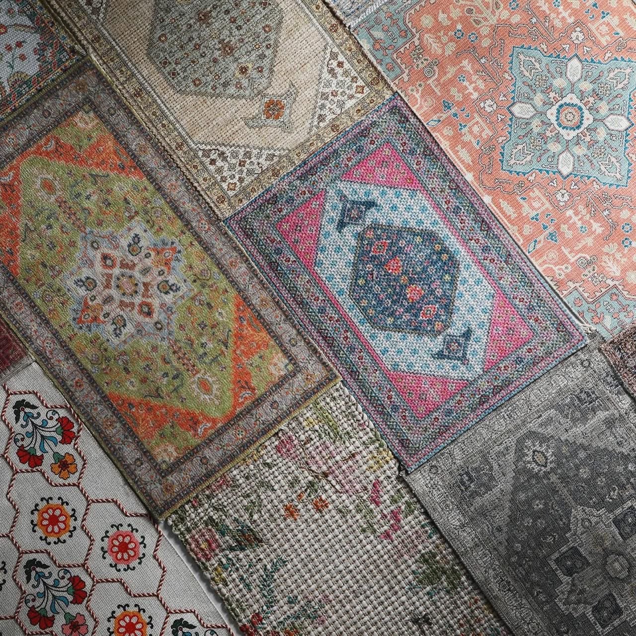 A collage of colorful vintage Persian and Oriental area rugs with intricate patterns.