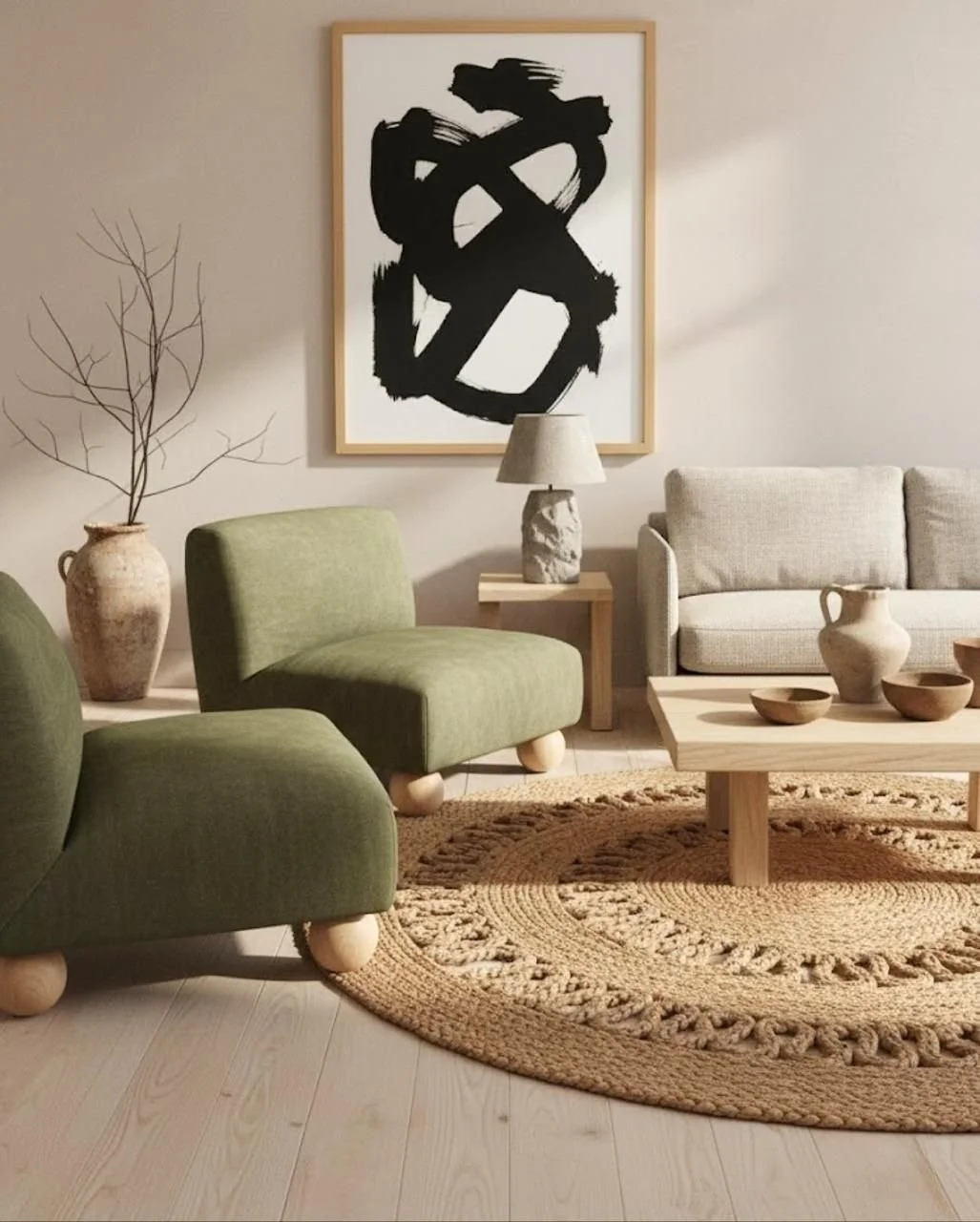 Living room with a beige sofa, two green chairs, a round woven rug, a wooden coffee table with three clay bowls, a side table with a lamp, a large abstract black-and-white painting, and a tall dried leafless tree in a vase.