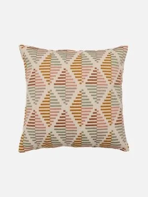 Decorative pillow with a geometric pattern of triangles and lines in shades of beige, orange, yellow, and pink.