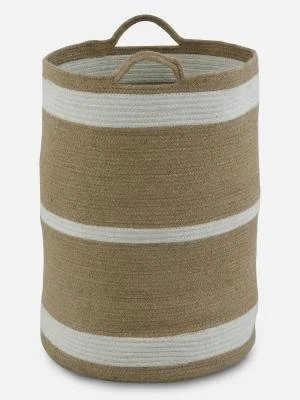 A cylindrical woven storage basket with handles, tan and white stripes.