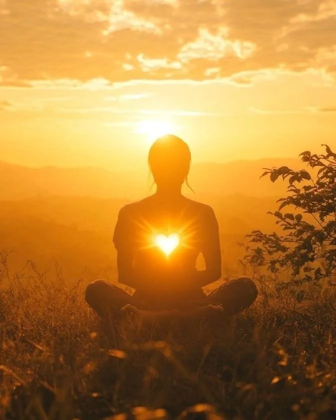 A person sitting cross-legged outdoors at sunset, with a glowing heart-shaped light over their chest and the sun positioned behind their head, creating a silhouette against a golden sky.