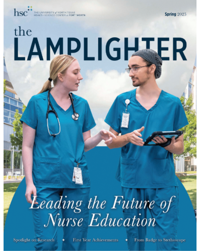 Cover of a nursing education magazine titled "The Lamplighter" with two healthcare workers in blue scrubs engaging in conversation outdoors.