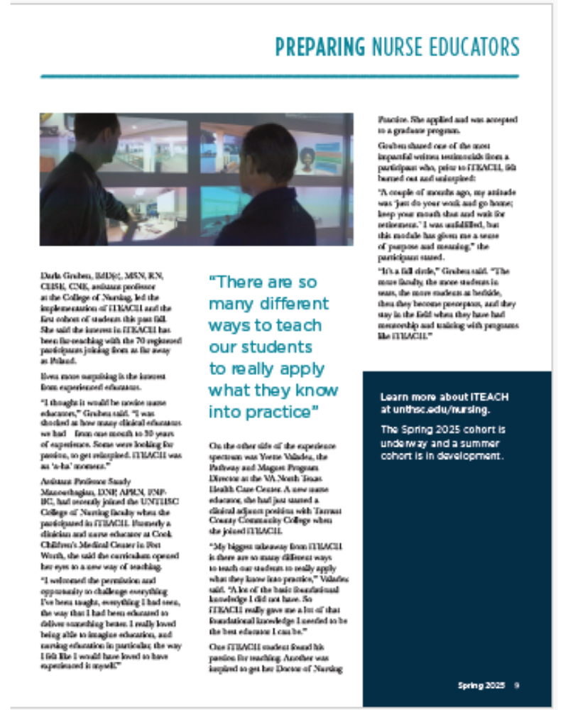 Two students watching a multi-screen presentation about nurse education, with an article titled 'Preparing Nurse Educators' on the page.