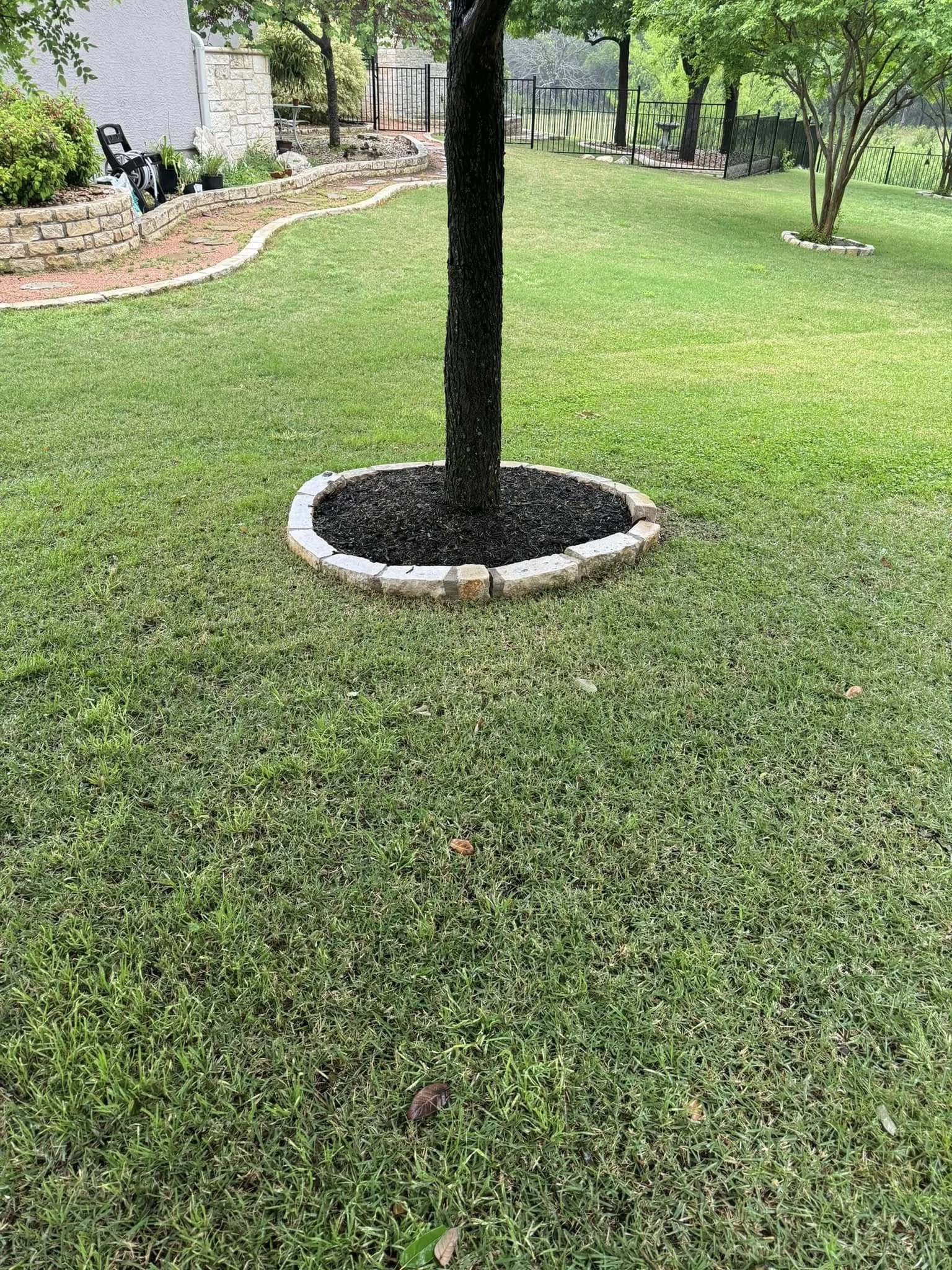 A backyard with a grass lawn, a tree surrounded by a brick border, a stone and brick patio area, and a fence with trees in the background.
