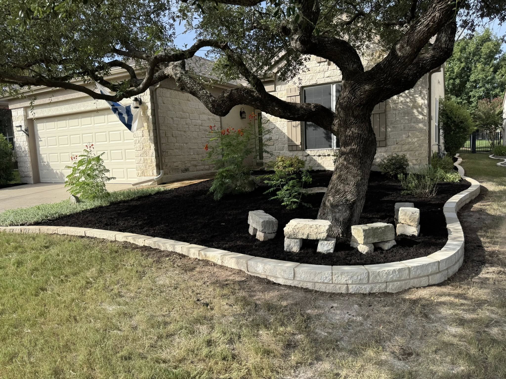 A landscaped yard with a large, twisting tree, dark mulch, a curved white stone border, small bushes, and a house with a garage in the background.