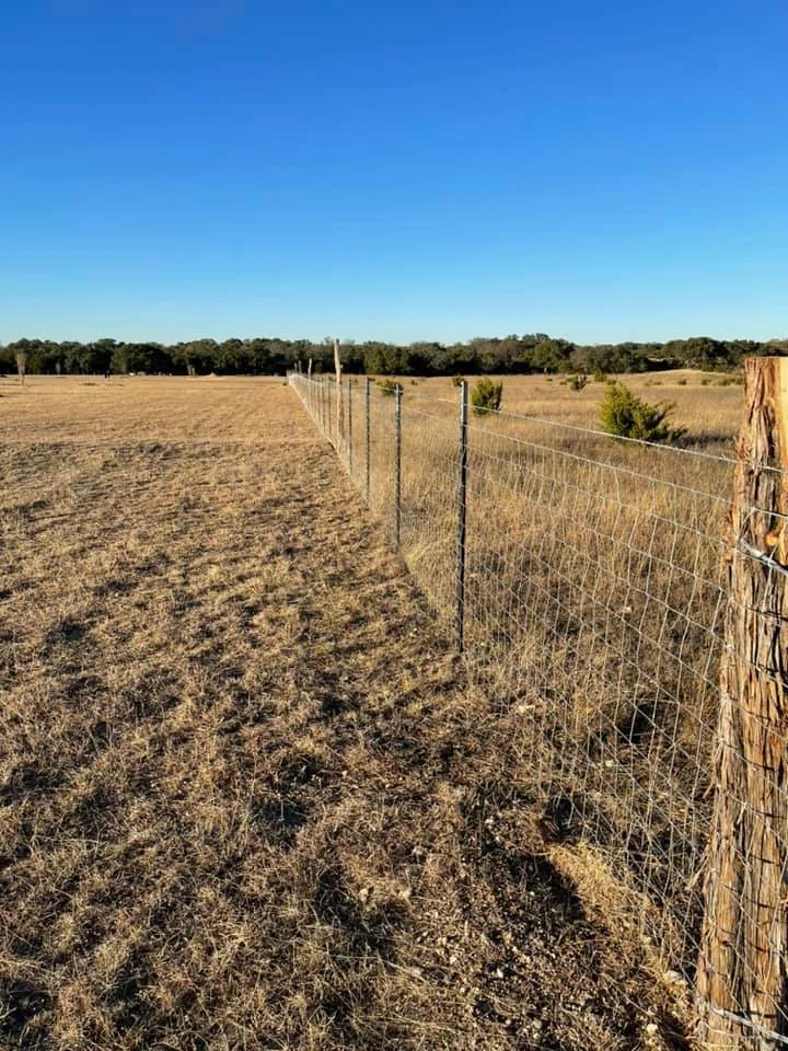A dry, open field with a wire fence running diagonally across the image. The sky is clear and blue, with some distant trees and bushes on the horizon.