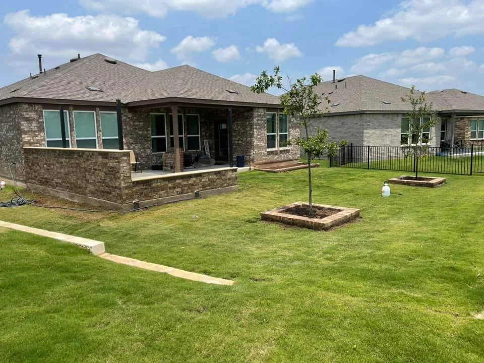 A backyard with a brick house, a grassy lawn, young trees in square brick planters, and a blue sky with clouds.