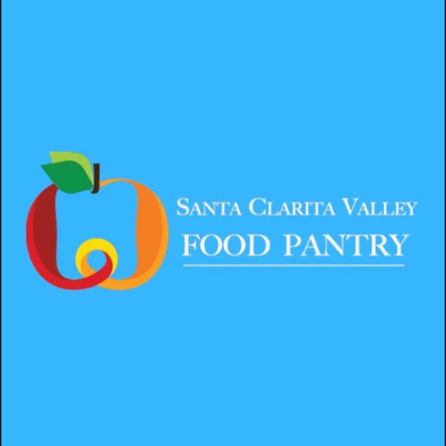 Logo of Santa Clarita Valley Food Pantry with a stylized apple composed of red, orange, and yellow elements and green leaves on a blue background.