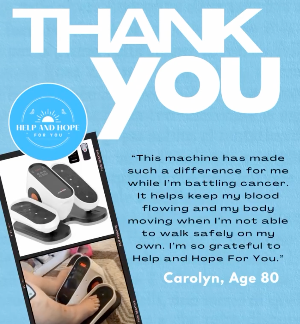 Thank you message from Carolyn, age 80, expressing gratitude for a machine that helps with blood flow and mobility during cancer treatment, with photos of medical devices and a person using one in the background.