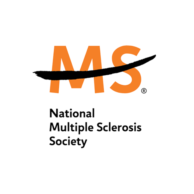 Logo of the National Multiple Sclerosis Society with large orange letters 'MS' crossed out by a black stroke.