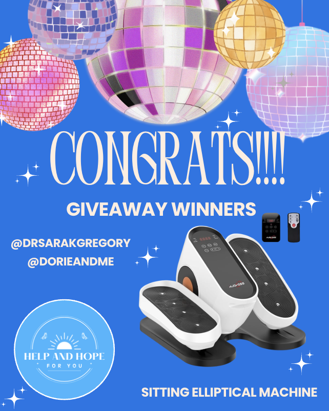 Celebratory image with colorful disco balls and stars, announcing giveaway winners for a sitting elliptical machine.