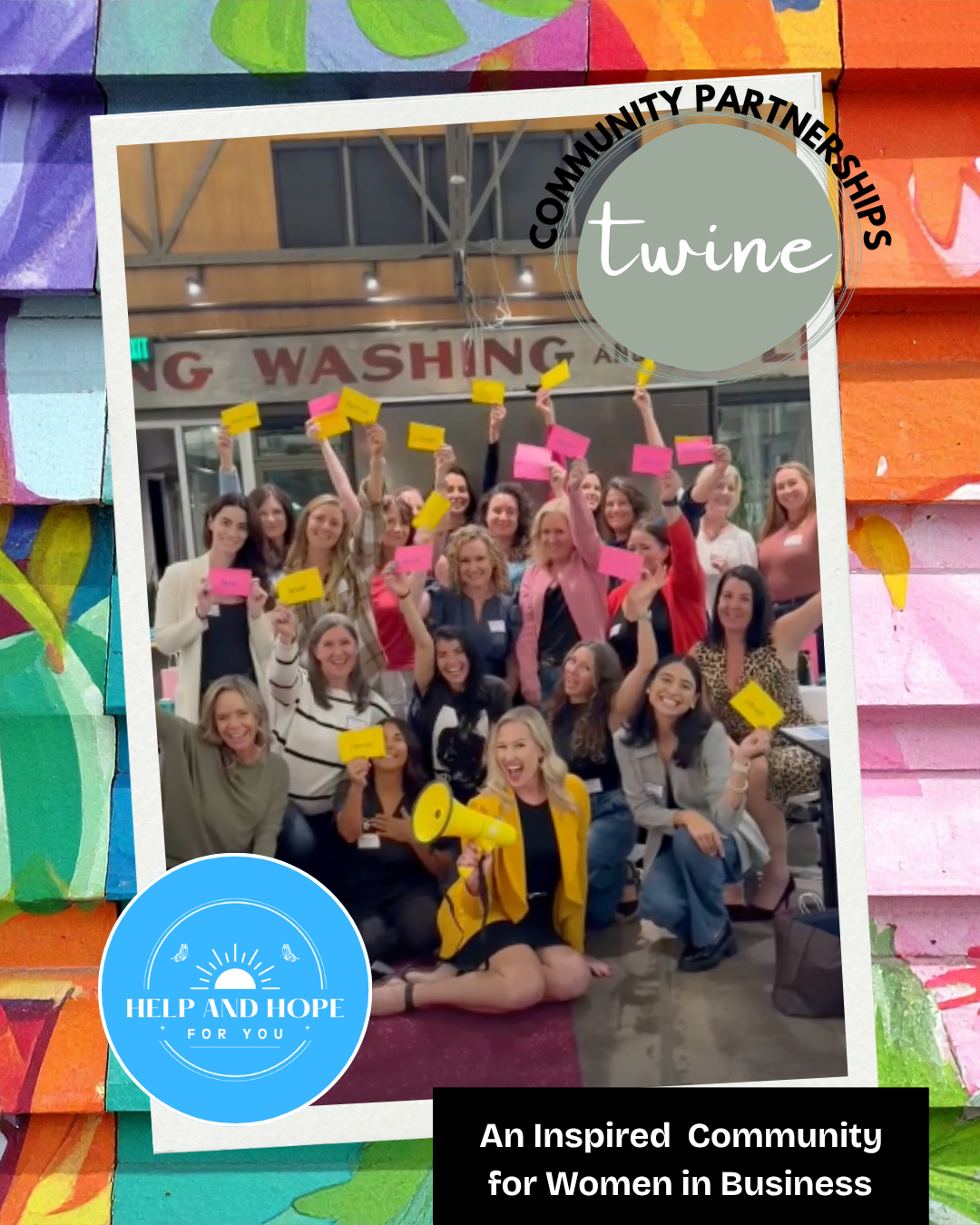 A group of women at a community event, holding pink and yellow notes, some with a yellow megaphone, gathered indoors in front of a sign that says 'WASHING'.