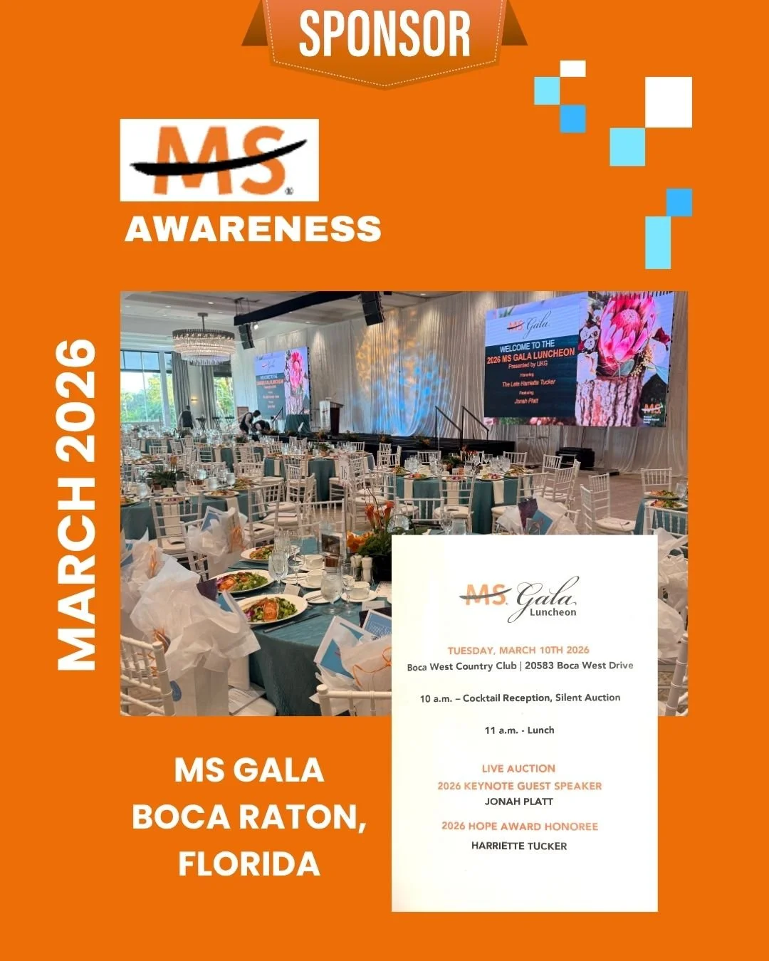 Event poster for the MS Gala Luncheon in Boca Raton, Florida, on March 10th, 2026. The poster features a photo of a banquet hall with round tables set for a meal, a large screen displaying event information, and an orange border with the event date a