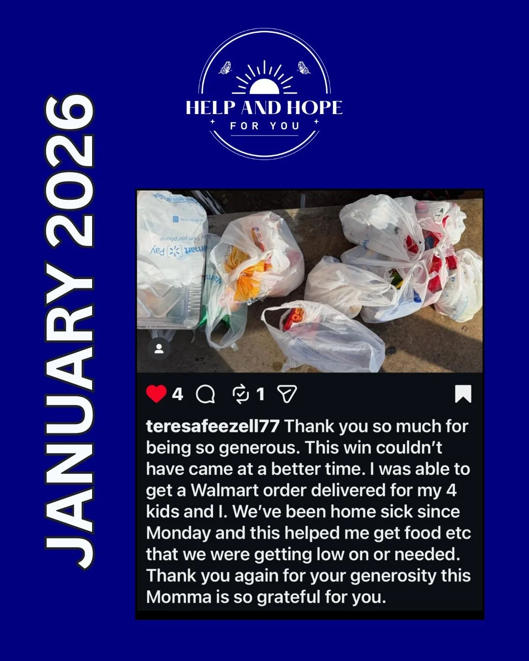 A social media post showing plastic Walmart bags filled with groceries, with a heartfelt thank you message from a mother to a donation donor.
