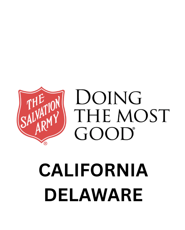 Salvation Army logo with the text 'Doing the Most Good' and the names California and Delaware below.