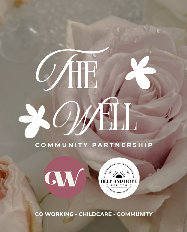 A promotional graphic for 'The Well Community Partnership' featuring pink roses with water droplets, logos for 'Help and Hope for You' and 'GW', and text about co-working, childcare, and community initiatives.