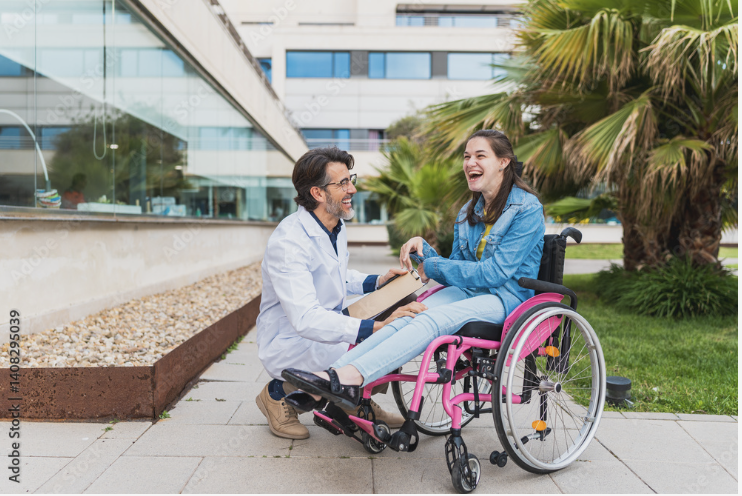 A male doctor kneeling beside a smiling woman in a wheelchair outside, holding her hand with a medical folder in his other hand, in front of a modern building and palm trees.