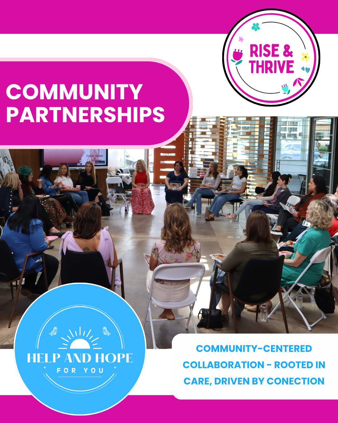 A group of women seated in a circle participating in a community partnership meeting indoors, with large windows and wooden slats in the background, promoting community-centered collaboration and connection.