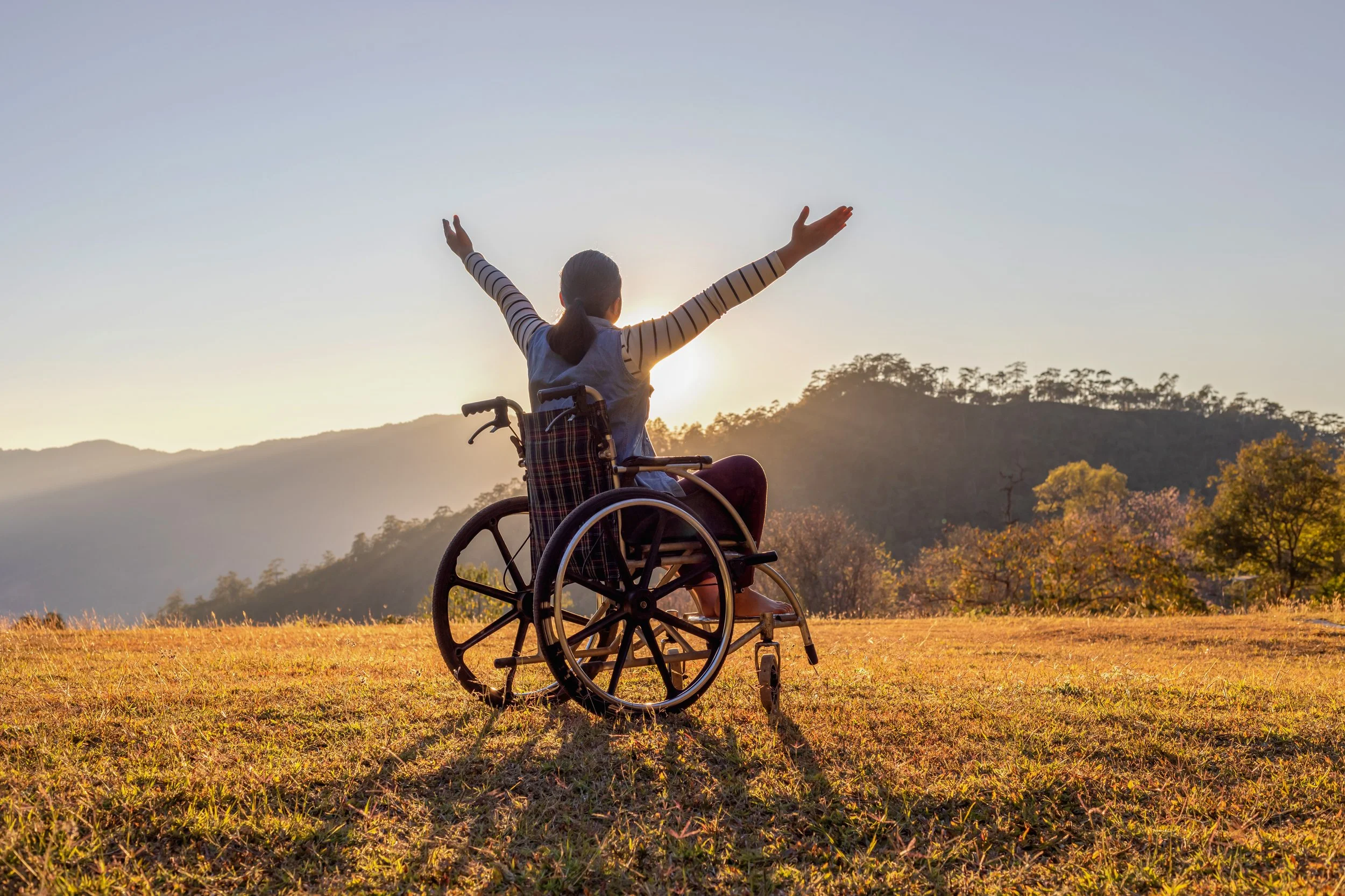 Person in a wheelchair with arms raised during sunset in a field with trees and mountains in the background.