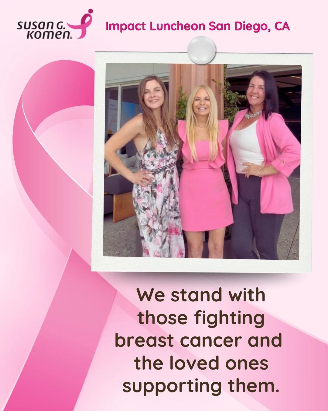 A photo of three women standing together dressed in pink and floral clothing at an Impact Luncheon in San Diego, CA, supporting breast cancer awareness and those affected by breast cancer.