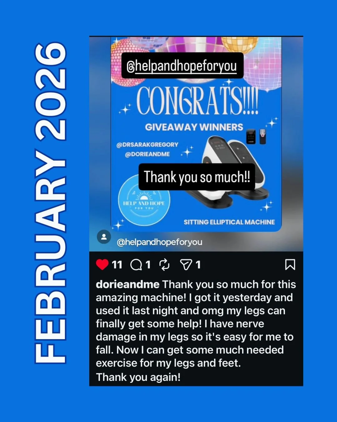 Social media post celebrating giveaway winners with a blue background, large text saying 'FEBRUARY 2022,' and an image of a sitting elliptical machine. The post includes congratulatory messages, tags, and comments expressing gratitude for the machine