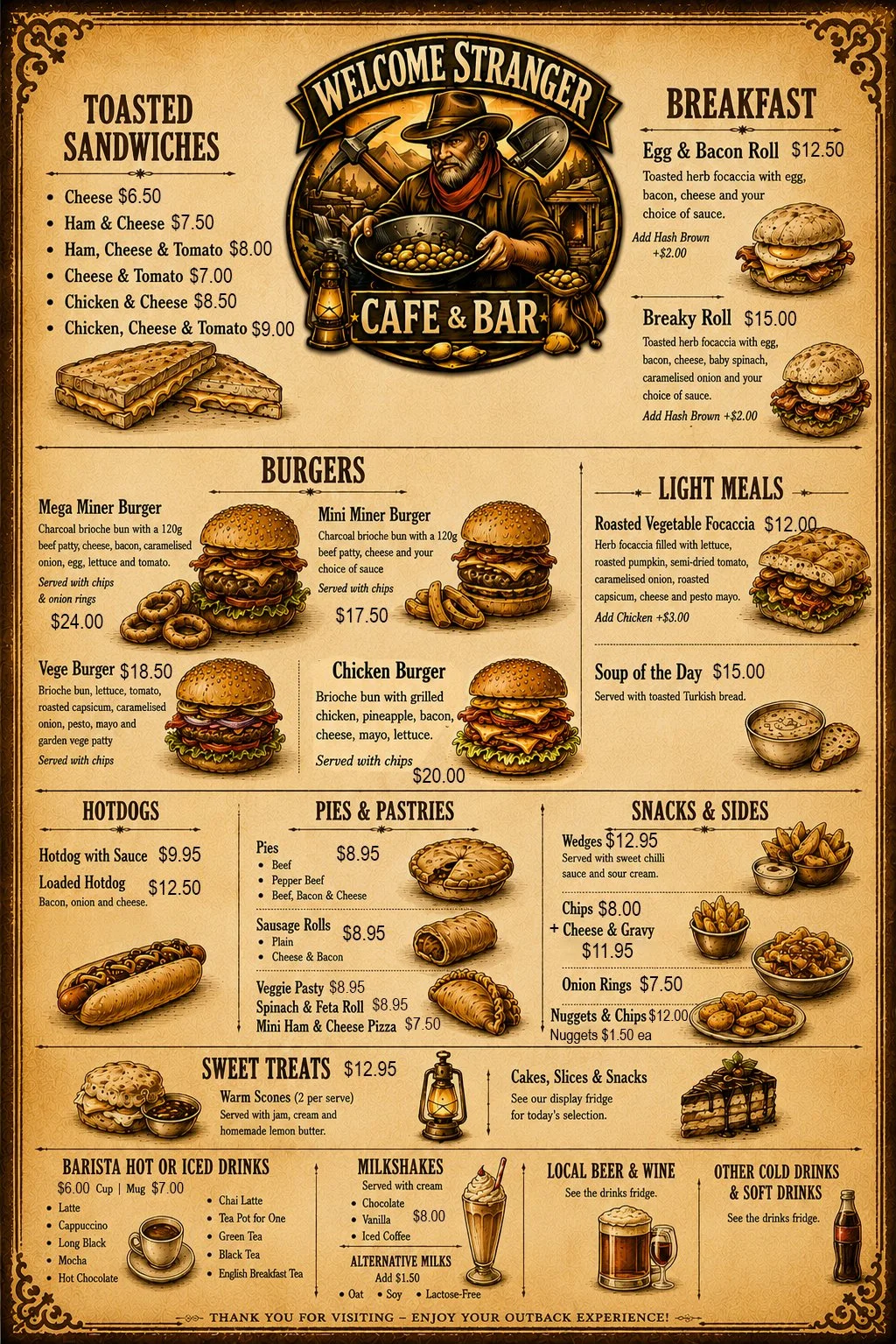 Menu from Welcome Stranger Cafe & Bar. Cafe on Kangaroo Island. Cafe near Seal Bay. Food on Kangaroo Island. Where to eat on Kangaroo Island. Where to eat near Seal Bay.