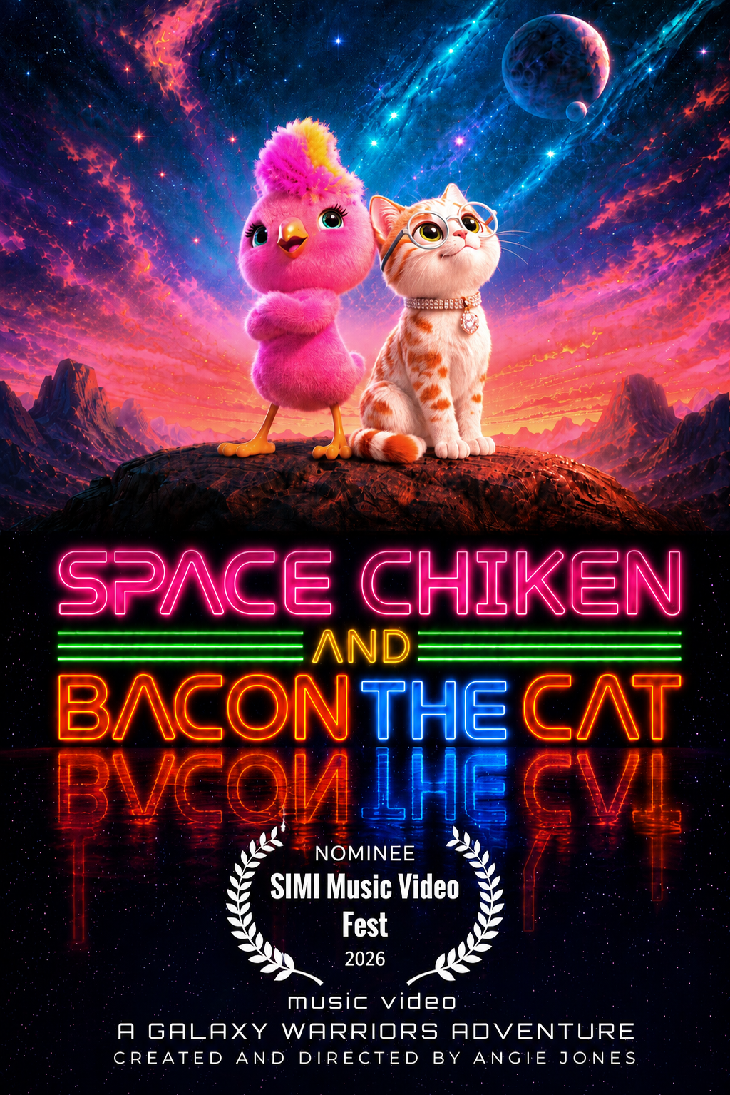 Stylized poster for a music video titled 'Space Chiken and Bacon the Cat'
