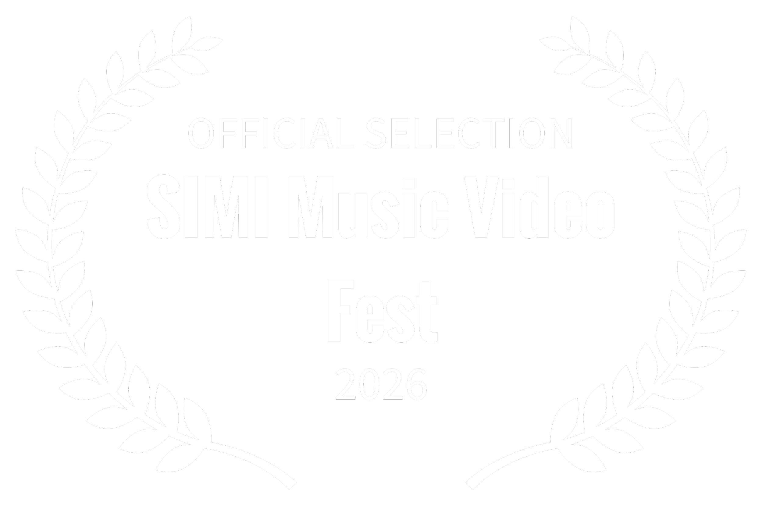 Award badge with a black background and white laurel wreath, reading "Official Selection SIMM Music Video Fest 2026."