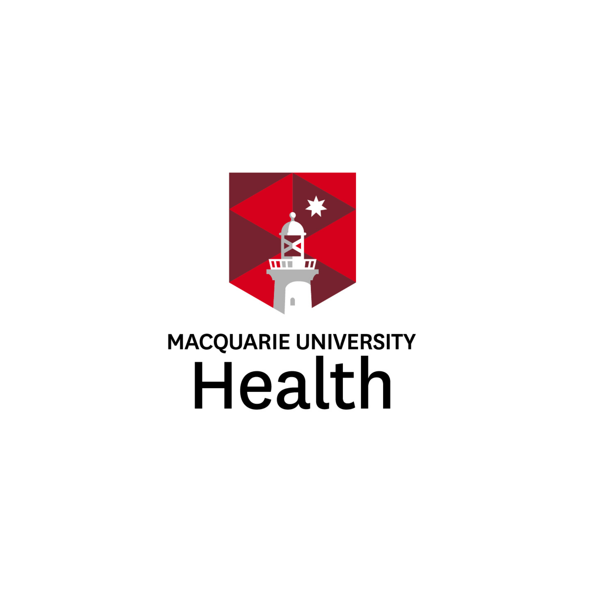 Logo of Macquarie University Health with a lighthouse illustration and a red and white color scheme.