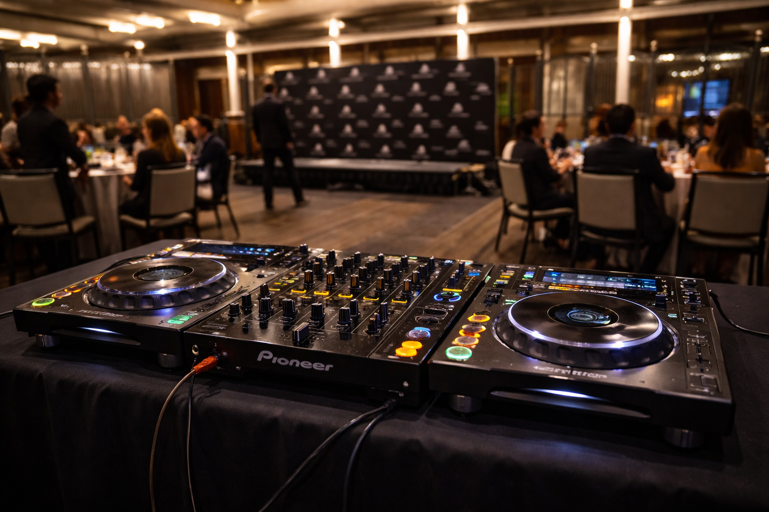 DJ turntables and mixer set up on a black table at an event with people seated at round tables in the background.