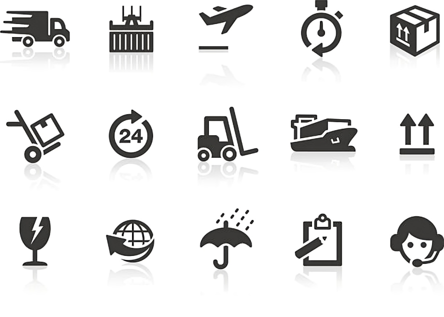Series of black and white logistics and travel icons including a delivery truck, freight container, airplane, stopwatch, package, hand truck, 24-hour service symbol, forklift, cargo ship, arrows, fragile symbol, worldwide shipment, umbrella, clipboard, and customer service representative.