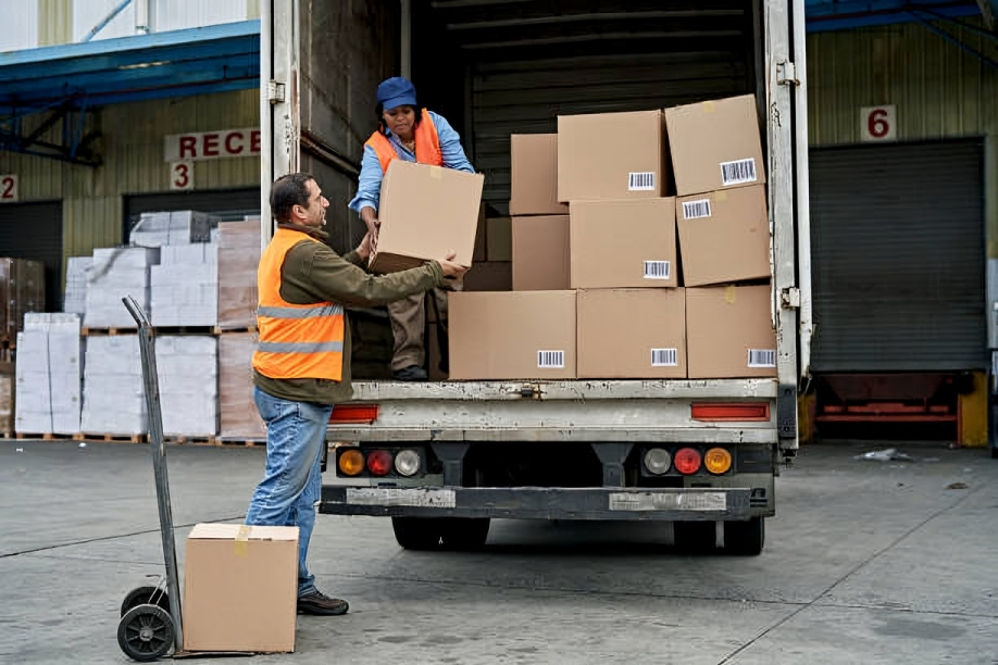 Two workers loading cardboard boxes into a delivery truck at a warehouse.