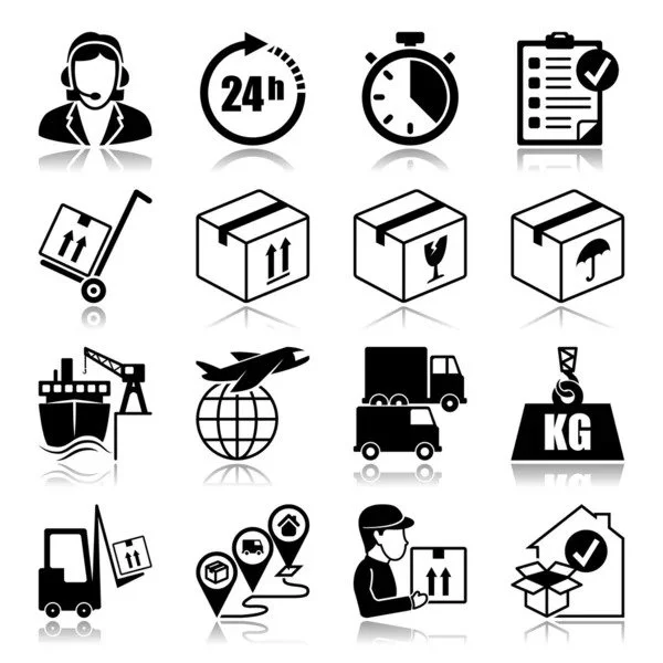 Icons representing customer service, 24-hour service, timing, checklist, delivery, package handling, fragile items, umbrella or caution, shipping, global shipping, freight truck, airplane, cargo ship, truck, weight measurement, delivery person with package, and package inspection.