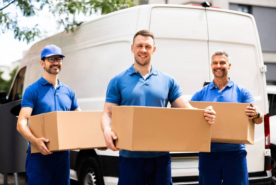 Three men in blue uniforms standing outside, holding cardboard boxes, with a white delivery van in the background.